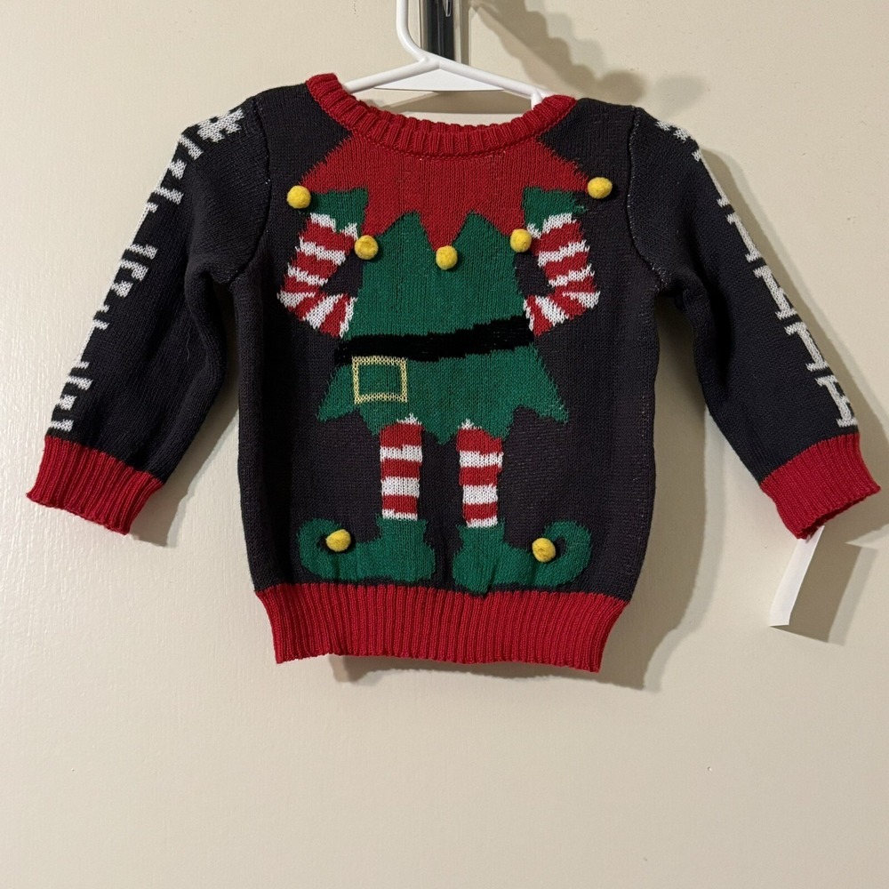 NWT WELL Worn Toddler 6-9 Months Ugly Christmas Elf Sweater Pom Poms